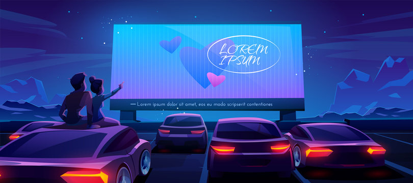 Couple at car cinema. Romantic dating in drive-in theater with automobiles stand in open air parking at night. Loving man and woman sitting on auto roof watching love movie Cartoon vector illustration