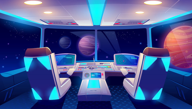 Spaceship cockpit interior with space and planets view, rocket cabin with control panel, neon glowing seats for pilots and flight deck with navigation monitors, pc game Cartoon vector illustration