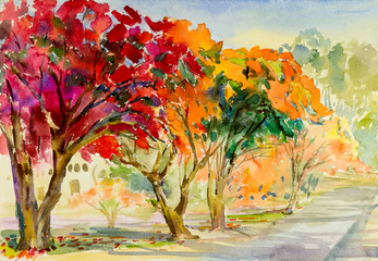 Watercolor landscape original painting red color of peacock flower