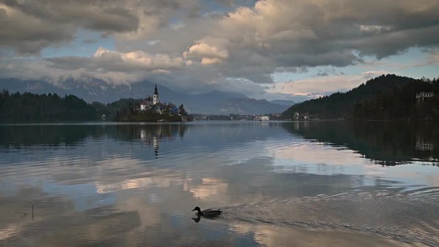Lake Bled in Slovenia / Video with scenic panoramic view of the church on the Island Bled in the Julian Alps in Slovenia