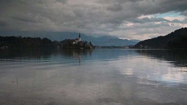 Lake Bled in Slovenia / Video with scenic panoramic view of the church on the Island Bled in the Julian Alps in Slovenia