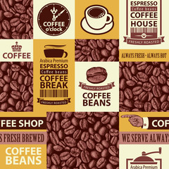 Vector seamless pattern on coffee and coffee house theme with freshly roasted coffee bean, inscriptions and illustrations in retro style. Suitable for wallpaper, wrapping paper or fabric