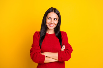 Obraz premium Portrait of cute lady think cross hands wear red pullover isolated over bright color background