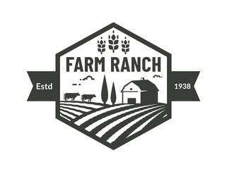 Farm emblem with farmhouse, wheat ear and cows.