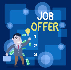 Writing note showing Job Offer. Business concept for A peron or company that gives opurtunity for one s is employment Successful Businessman Generating Idea or Finding Solution