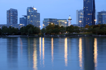 Vienna skyline on the Danube river at night Austria