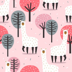 Lamas, trees,  hand drawn backdrop. Colorful seamless pattern with animals and forest. Decorative cute wallpaper, good for printing. Overlapping background vector, happy alpacas. Llama