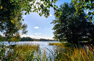 Sunbeams over the Lankower lake. A district of Schwerin.