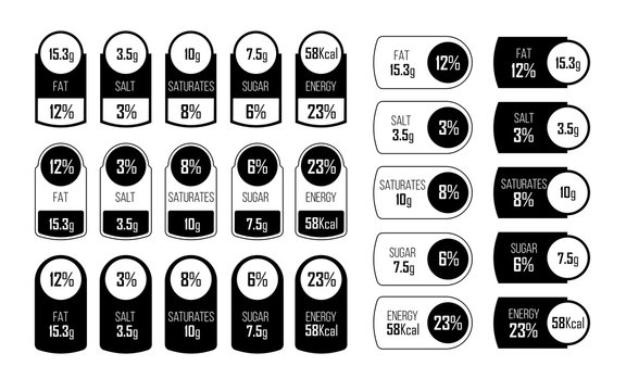 Nutrition facts labels in black and white set vector illustration. Daily value serving ingredient design for calories, sugars and fats in percents flat style design. Diet concept