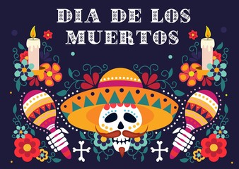 Mexican day of dead festive greeting card vector illustration. Dia de los muertos poster with skull in sombrero holding maracas, floral design with candles flat style concept