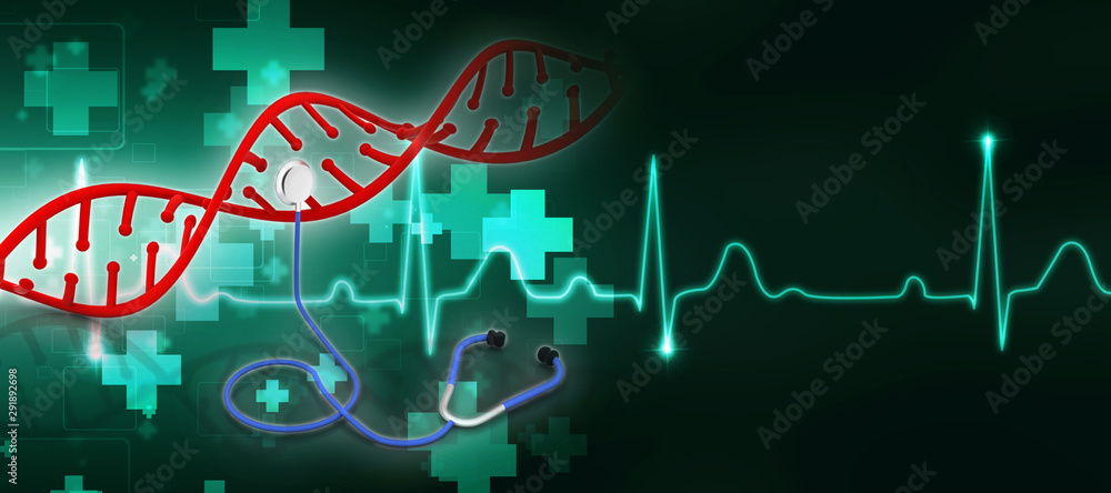 Poster 3d rendering dna structure with stethoscope