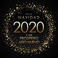 Feliz Navidad y un Prospero Nuevo spanish text. Translation: Merry Christmas and Happy 2020 new year, golden banner for seasonal holidays flyers, greetings and invitations, Vector Xmas cards