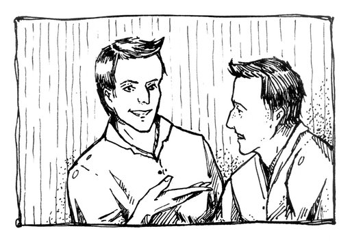 Two mans talking. Hand drawn ink illustration. Two men speaking.