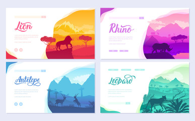 Brochures with African animals in natural habitat. Set of flyers with wildlife in the sunset of the day. Template of flyear, web banner, ui header, enter site. Layout illustration modern slider page