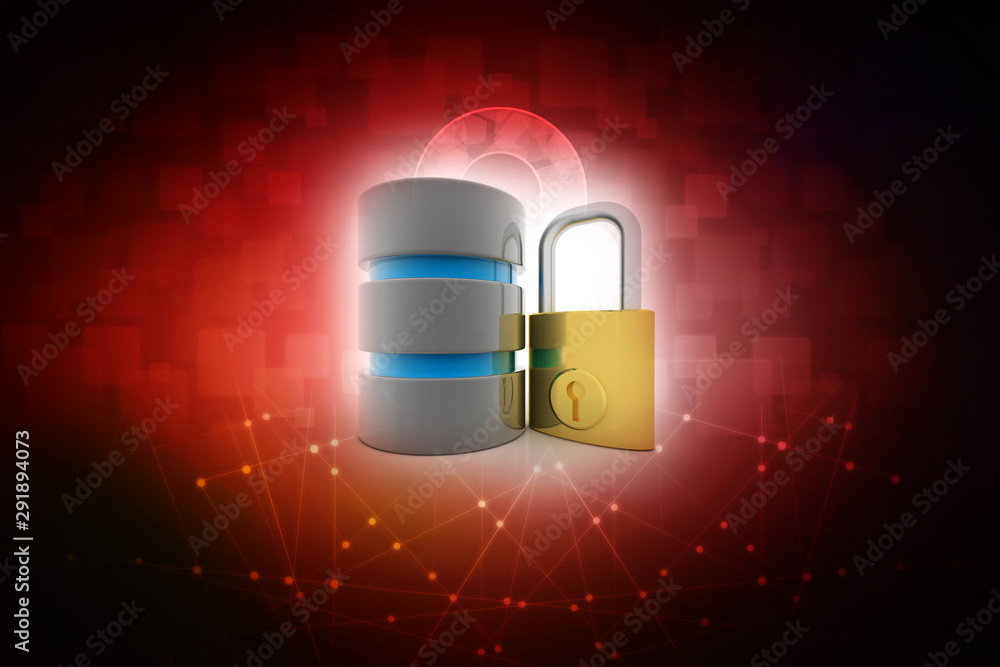 Poster 3d illustration database storage security concept. disk with lock