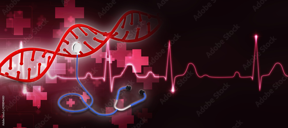 Poster 3d rendering dna structure with stethoscope