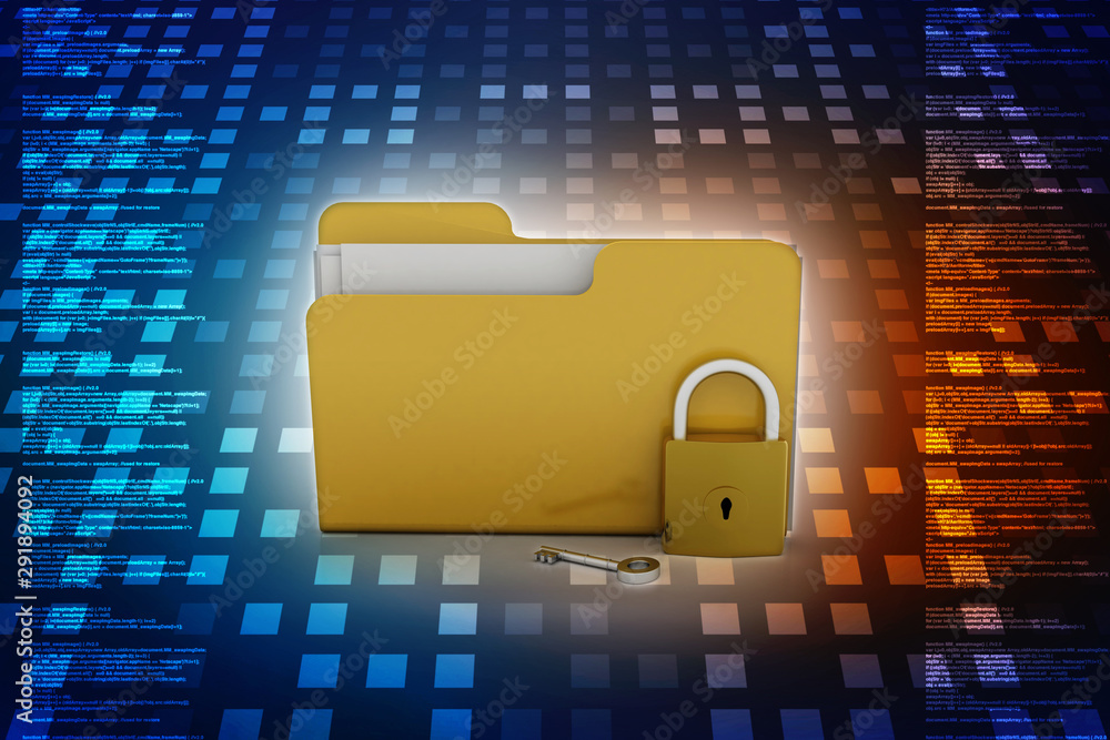 Poster yellow folder and lock. data security concept. 3d rendering