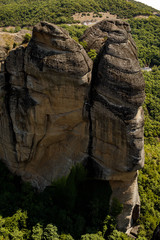 Landscape with monasteries and rock formations in Meteora, Greece.