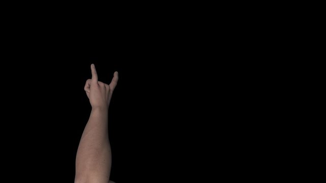 White male hand showing horns sign. Back view. Realistic 3D animation loop with alpha channel isolated on transparent background for individual and crowd social scenes in music, sport, politics.
