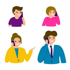 Family communicate by mobile phone. Telephone call. Vector illustration