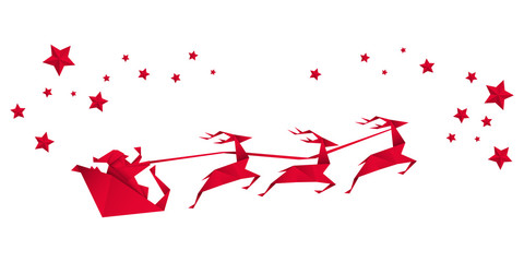 Święty Mikołaj, sanie i renifery. Bożonarodzeniowa kartka z życzeniami - obrazy, fototapety, plakaty