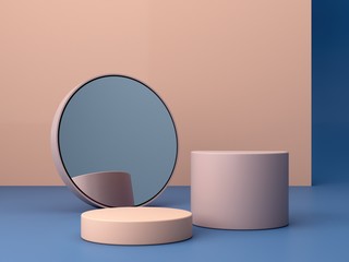 Minimal scene with podium and abstract background. Geometric shapes. Pastel colors scene. Minimal 3d rendering. Scene with geometrical forms and textured background for cosmetic product. 3d render. 