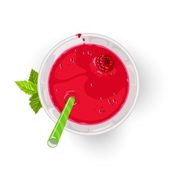 Raspberry cocktail or mocktail in glass with straw. Delicious summer beverage, berry drink in transparent cup. Cartoon vector icon isolated on white for menu, recipe, cookbook, advertising. Top view.