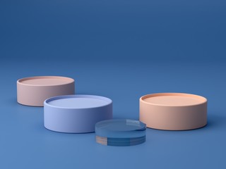 Minimal scene with podium and abstract background. Geometric shapes. Pastel colors scene. Minimal 3d rendering. Scene with geometrical forms and textured background for cosmetic product. 3d render. 
