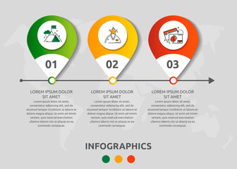 Vector modern infographic flat template pin for three paper label, diagram, graph, presentation. Business concept with 3 options and marks. Blank space for content, step for step, timeline, workflow