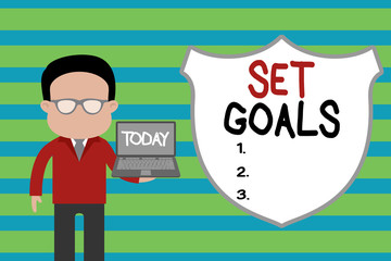 Conceptual hand writing showing Set Goals. Concept meaning Defining or achieving something in the future based on plan Man in suit wearing eyeglasses holding open laptop photo Art