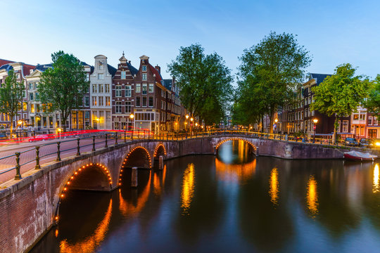 Keizergracht Canal at dusk, Amsterdam, North Holland, The Netherlands