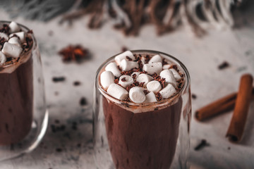 Hot cocoa with marshmallow and chocolate chips on a background of scattered cloves, chocolate, star anise and cinnamon, with a blanket in the background