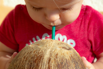 Young toodler is drinking fresh organic coconut water with a straw