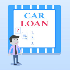 Word writing text Car Loan. Business photo showcasing taking money from bank with big interest to buy new vehicle Young Male Businessman Office Worker Standing Searching Problem Solution