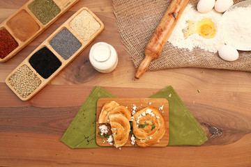 Patty with ingredients on the wooden table