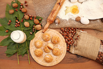 Cookie with ingredients on the wooden table