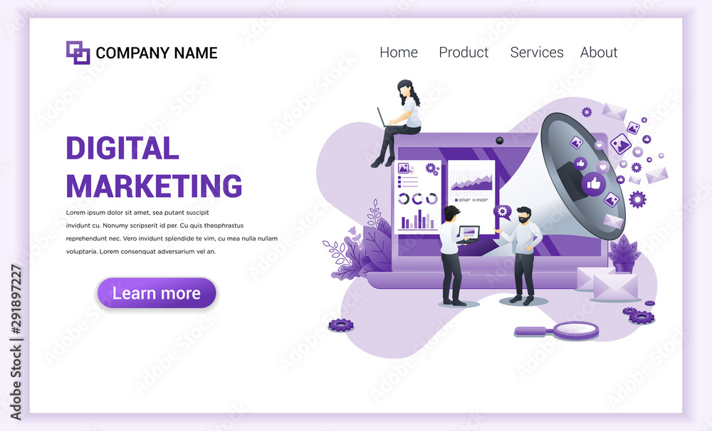 Poster modern flat design concept of digital marketing with giant megaphone and characters. can use for web