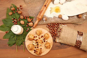 Cookie with ingredients on the wooden table