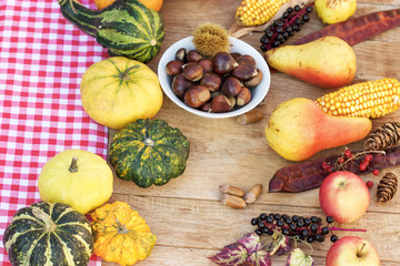 Seasonal organic fruit and vegetable, seasonal harvest on table - autumn thanksgiving