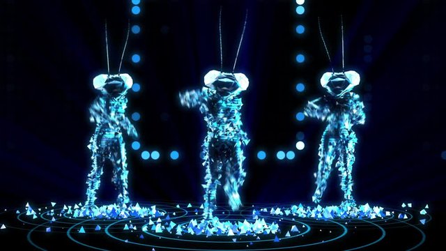 looping dancers made of LED lights wearing mantis helmet and dancing in a digital space with particles and reflections