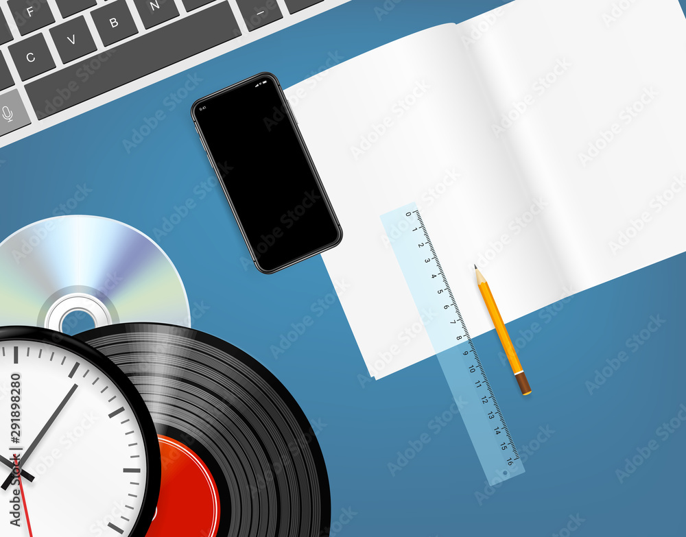 Poster different objects on a blue table. music