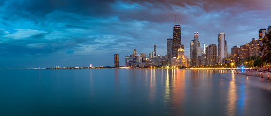 View of Chicago skyline at dusk from North Shore, Chicago, Illinois