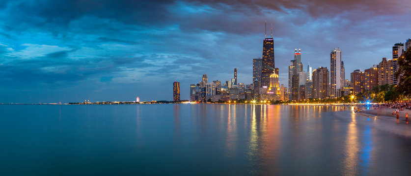 View of Chicago skyline at dusk from North Shore, Chicago, Illinois