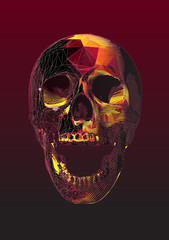 Engraving colorful low poly skull vector illustration isolated on dark red BG