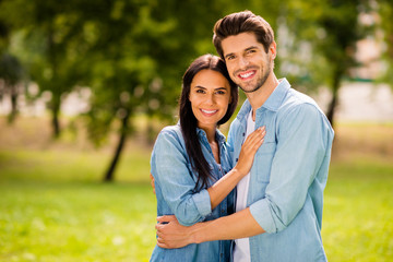 Photo of pair enjoying sunny day and park walk wear casual denim outfit