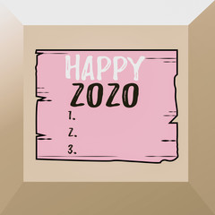 Conceptual hand writing showing Happy 2020. Concept meaning time or day at which a new calendar year begin from now Wooden plank slots grooves wood panel colored board lumber