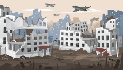 Bombed city suffered from intense warfare banner vector illustration. Destroyed town landscape, building between the ruins and concrete with bomb explosions. War destruction panorama concept