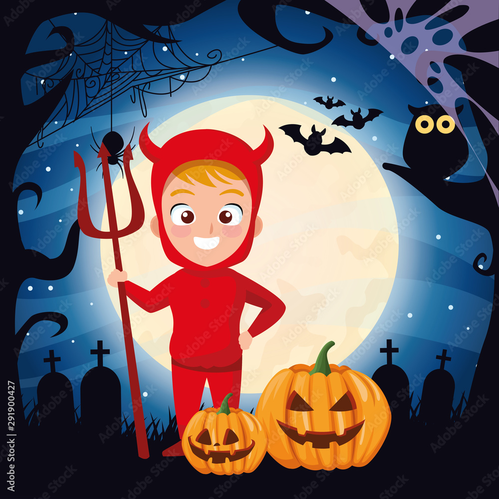 Poster halloween dark scene with boy disguise of devil