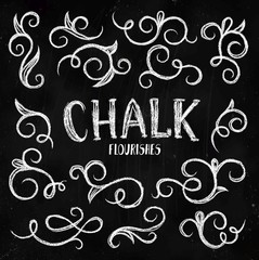 Fototapeta na wymiar Flourishes collection with swirl lines on chalkboard vector illustration. Ornamental chalkboard with hand-drawn lettering floral in white color. Board with calligraphy phrase and pattern