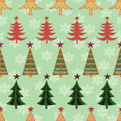 Vector Christmas Tree Seamless Pattern on green background